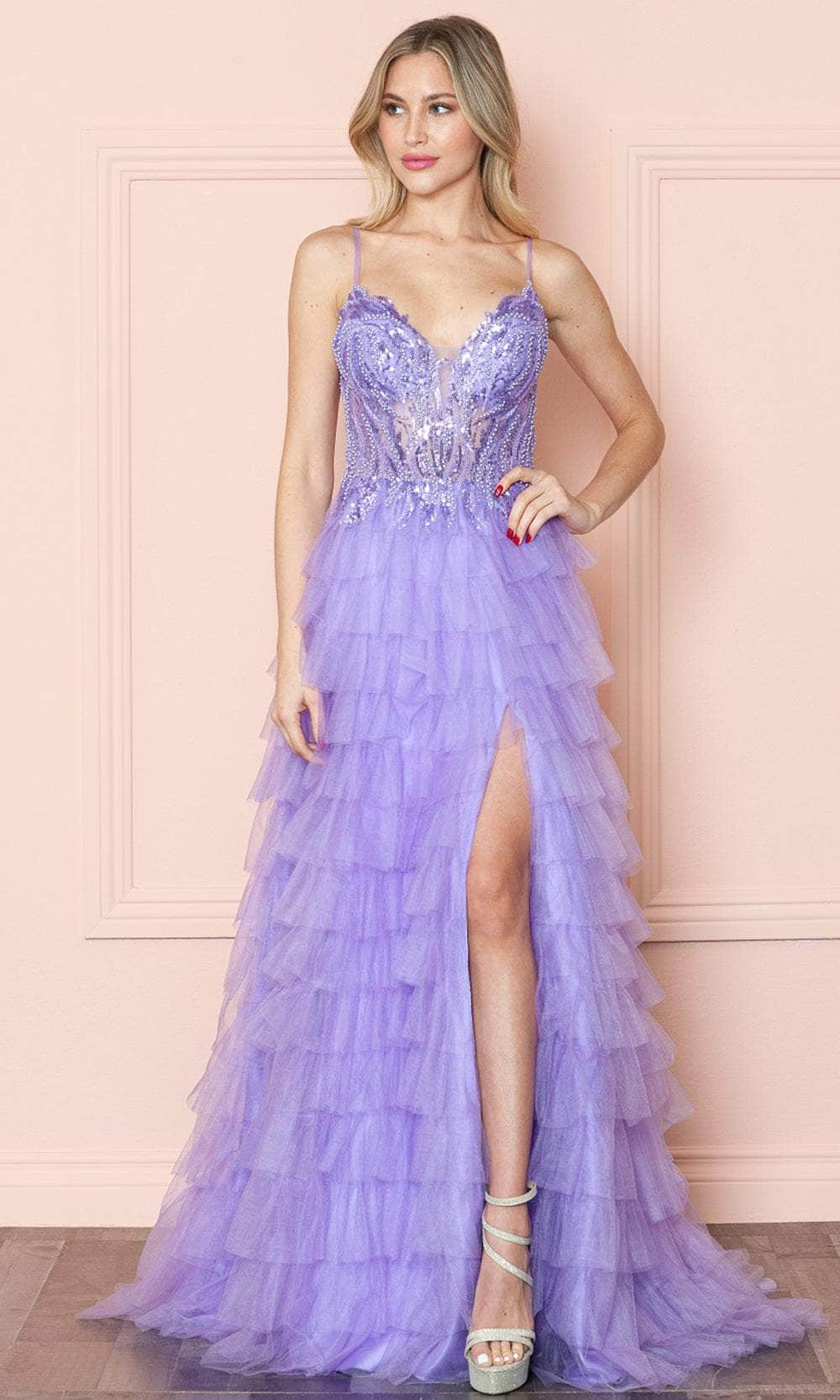 Poly USA 9408 - Plunging V-Neck Tiered Prom Dress Prom Dresses XS / Lavender