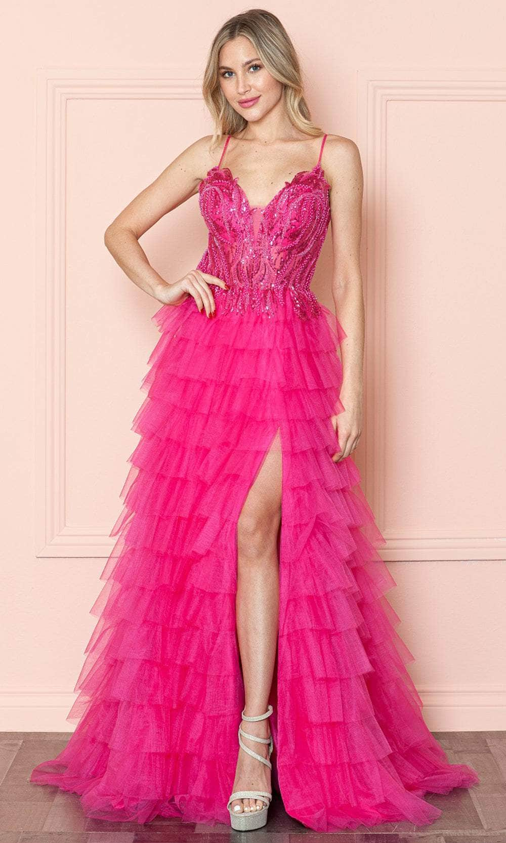 Poly USA 9408 - Plunging V-Neck Tiered Prom Dress Prom Dresses XS / Pink