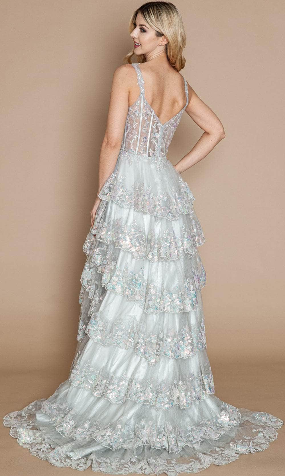 wedding dress tiered lace Poly USA 9410 - Long Ruffle Sequin Mesh Lace A-Line Dress