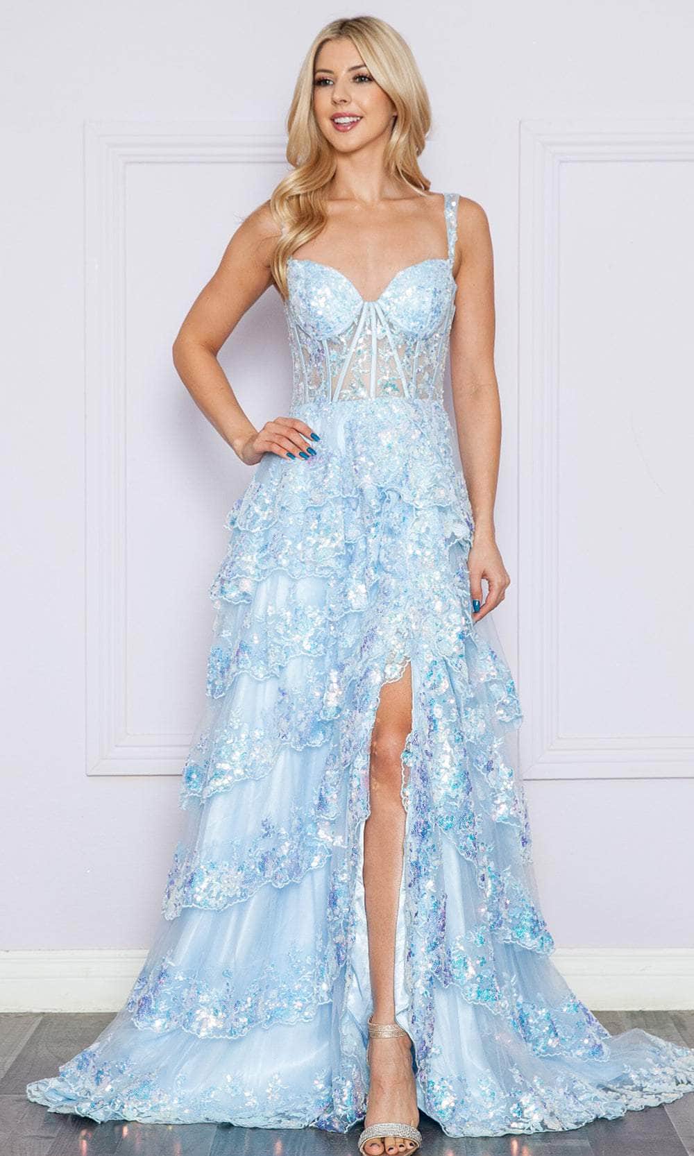 Poly USA 9410 Applique Sleeveless Layered Slit Gown | FormalDressShops L Green / M Poly USA 9410 Applique Sleeveless Layered Slit Gown | FormalDressShops L Green / M