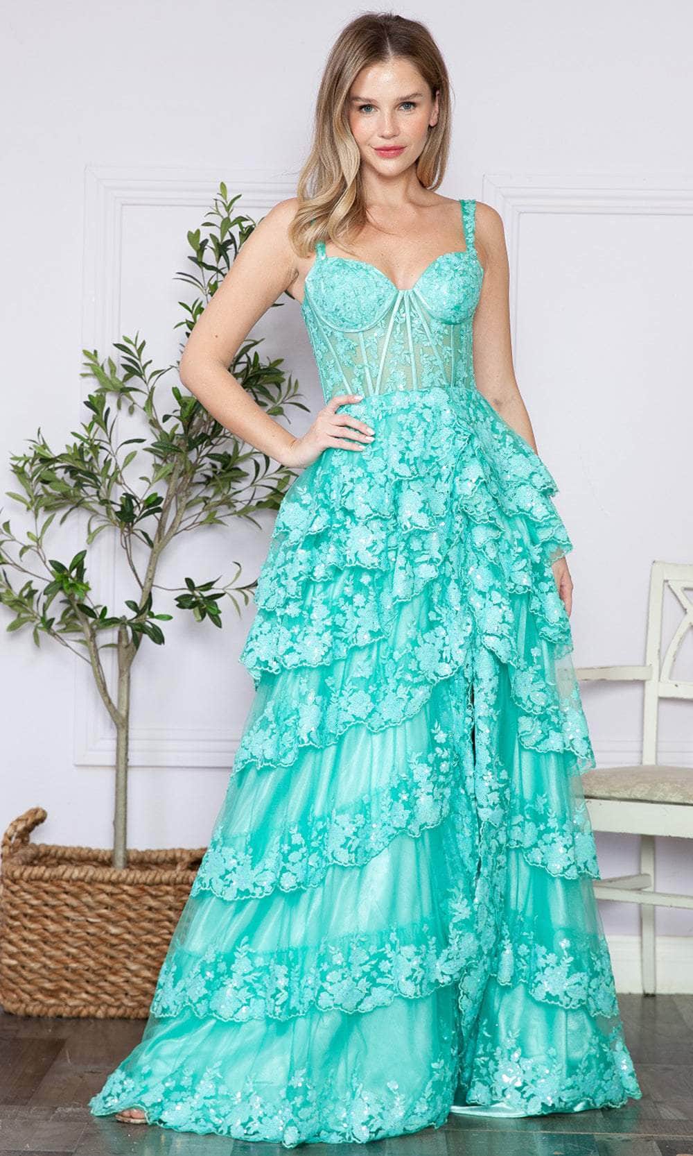 Poly USA 9410 Applique Sleeveless Layered Slit Gown | FormalDressShops L Green / M Poly USA 9410 Applique Sleeveless Layered Slit Gown | FormalDressShops L Green / M