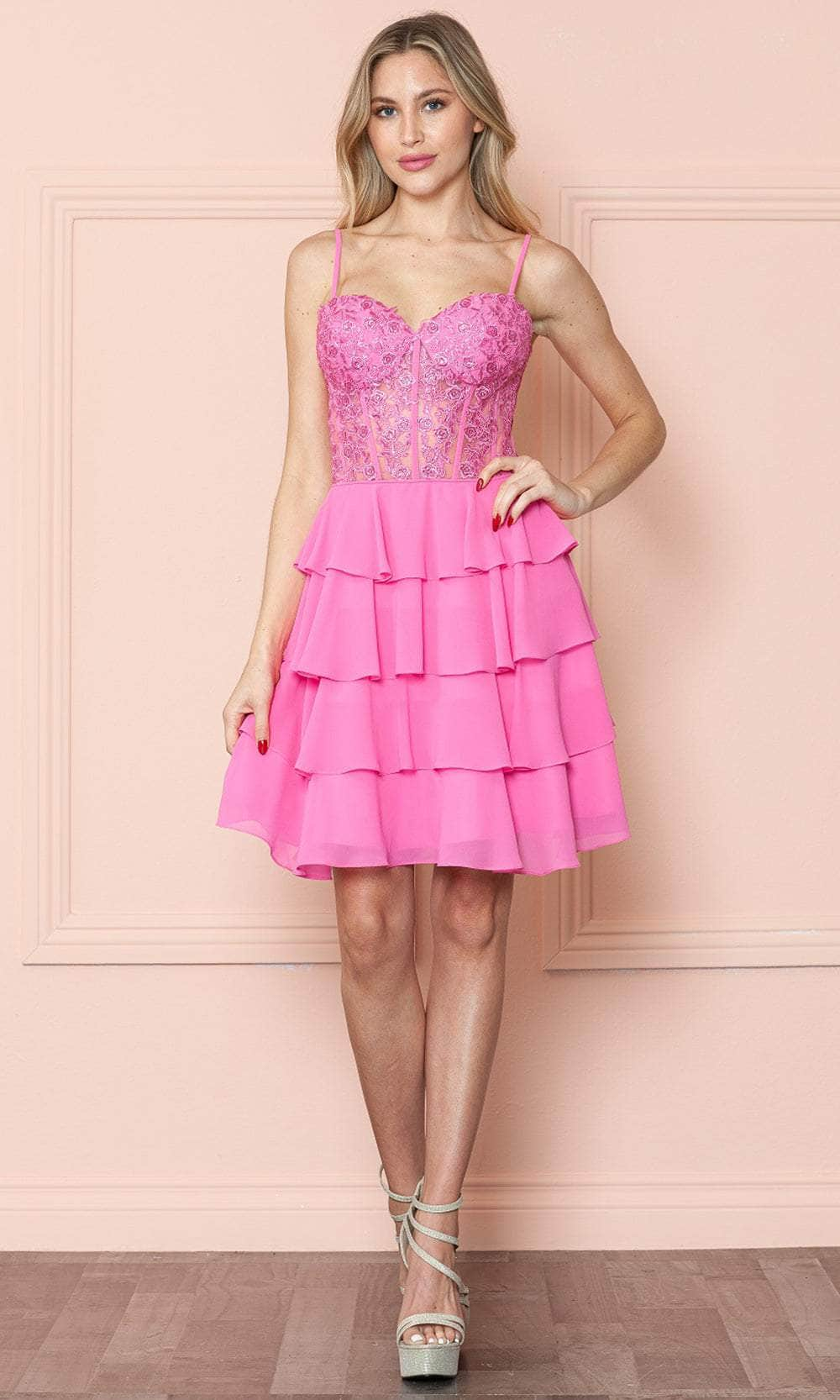 Poly USA 9494 - Tiered Skirt Sleeveless Cocktail Dress Cocktail Dresses XS /  Pink