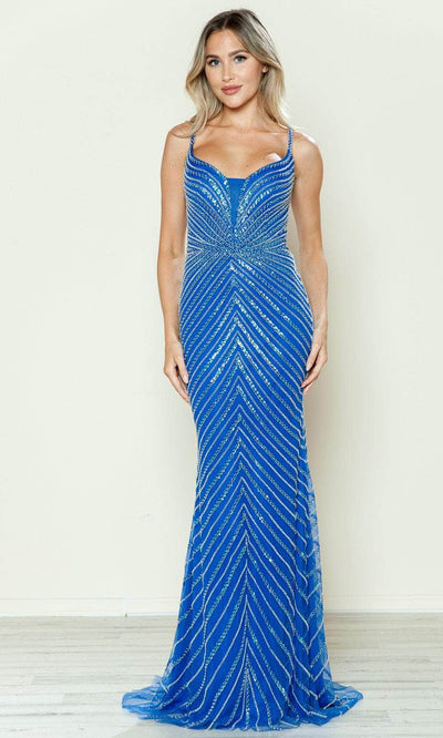 Poly USA 9530 - Cutout Back Embellished Prom Dress Prom Dresses XS /  Royal/Silver
