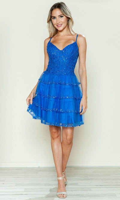 Poly USA 9592 - Tiered Skirt Beaded Cocktail Dress Cocktail Dresses XS /  Royal