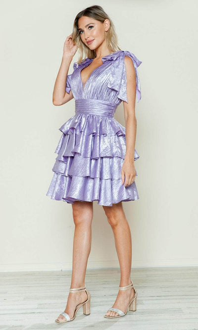 Poly USA 9602 - Plunging Neckline Tiered Cocktail Dress Cocktail Dresses XS /  Lavender