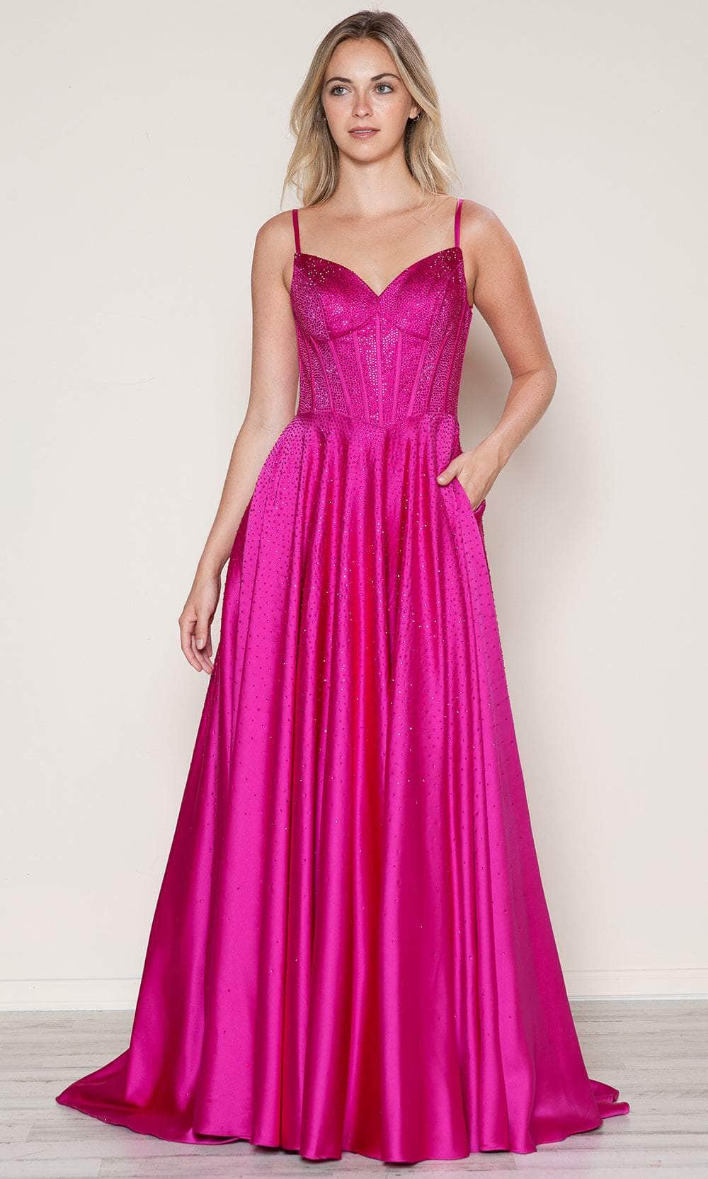 Poly USA 9610 - Long Satin A-line Dress - Sleeveless Corset Bodice, Back Zipper Closure, Spaghetti Straps, Low Back, Side Pockets, Train ADASA Poly USA 9610 - Long Satin A-line Dress - Sleeveless Corset Bodice, Back Zipper Closure, Spaghetti Straps, Low Back, Side Pockets, Train ADASA