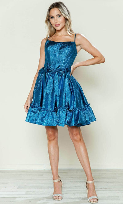 Poly USA 9724 - Bow Accented A-Line Cocktail Dress Cocktail Dresses XS /  Peacock