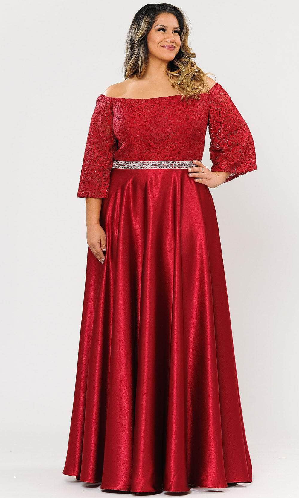 Poly USA W1008 - Off-shoulder Straight Across Neckline Long Dress Special Occasion Dress 14W / Red