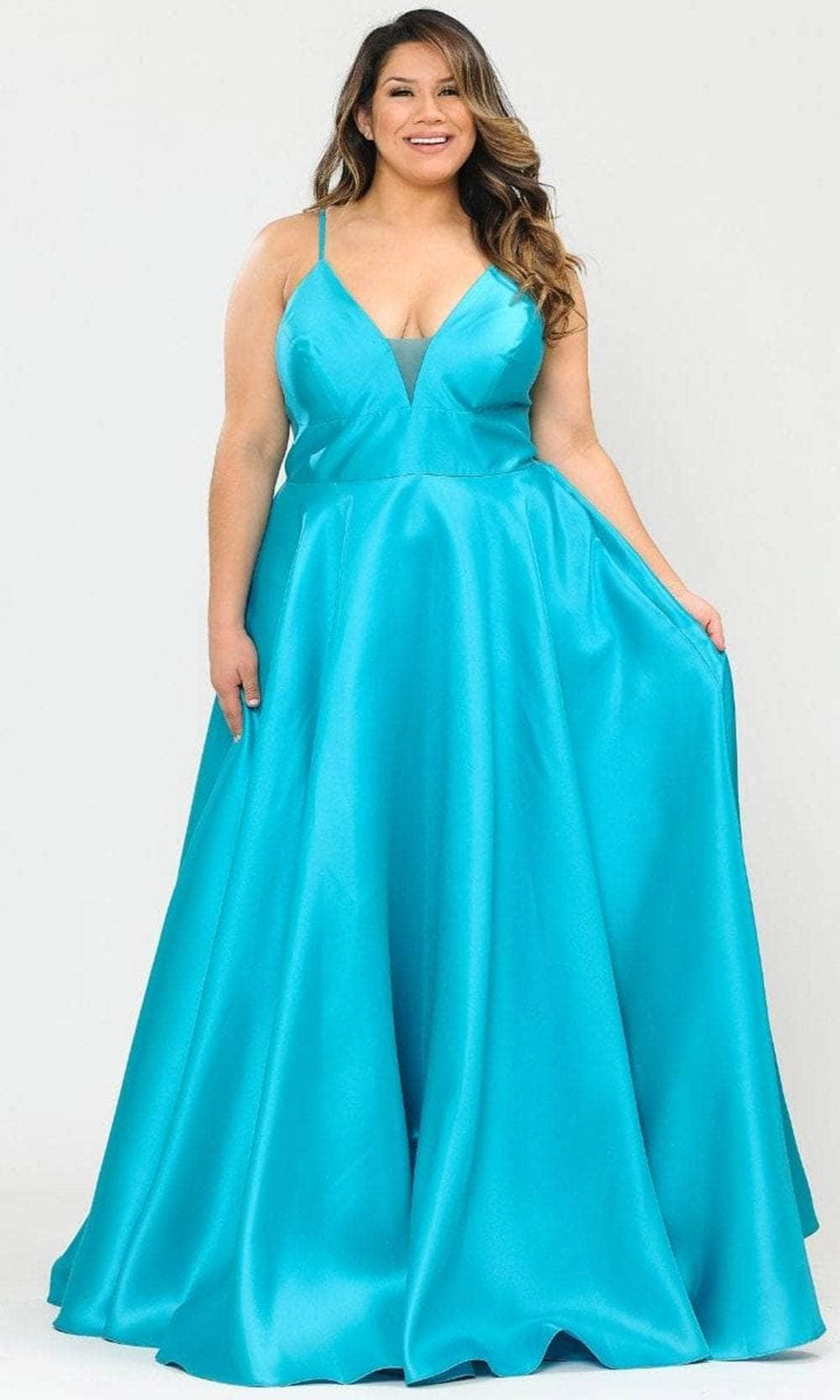 Poly USA W1070 - Plunging V-Neck Sleeveless Formal Gown Evening Dresses 14W / Teal