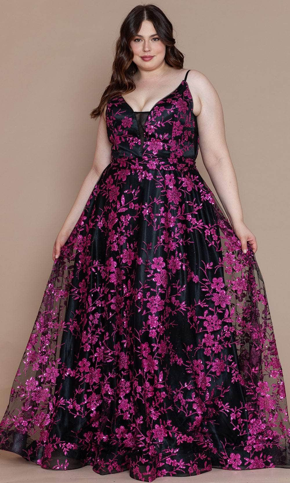 Poly USA W1134 - Floral A-Line Plus Prom Dress Prom Dresses XS / Black/Hot Pink