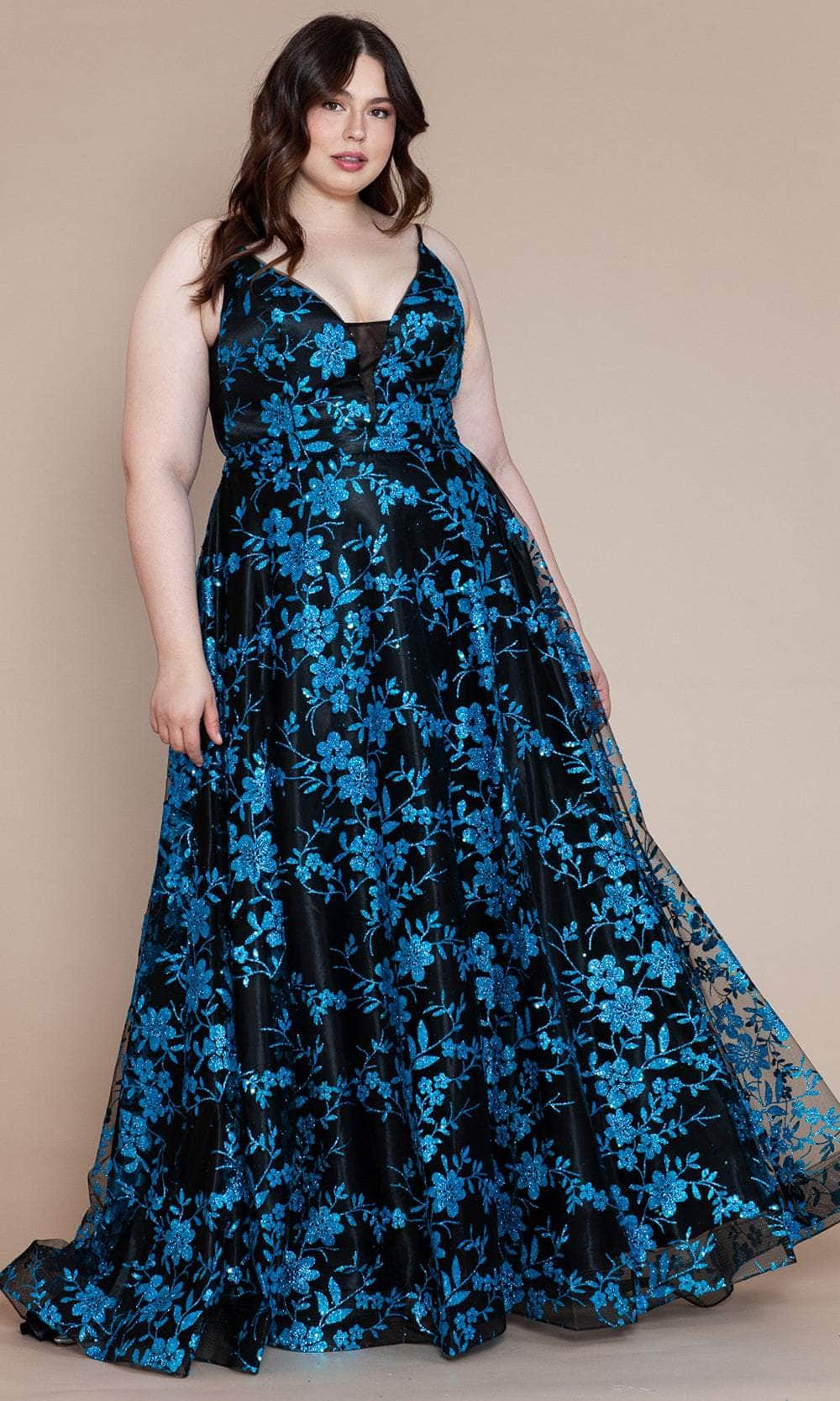 Poly USA W1134 - Floral A-Line Plus Prom Dress Prom Dresses XS / Black/Turquoise