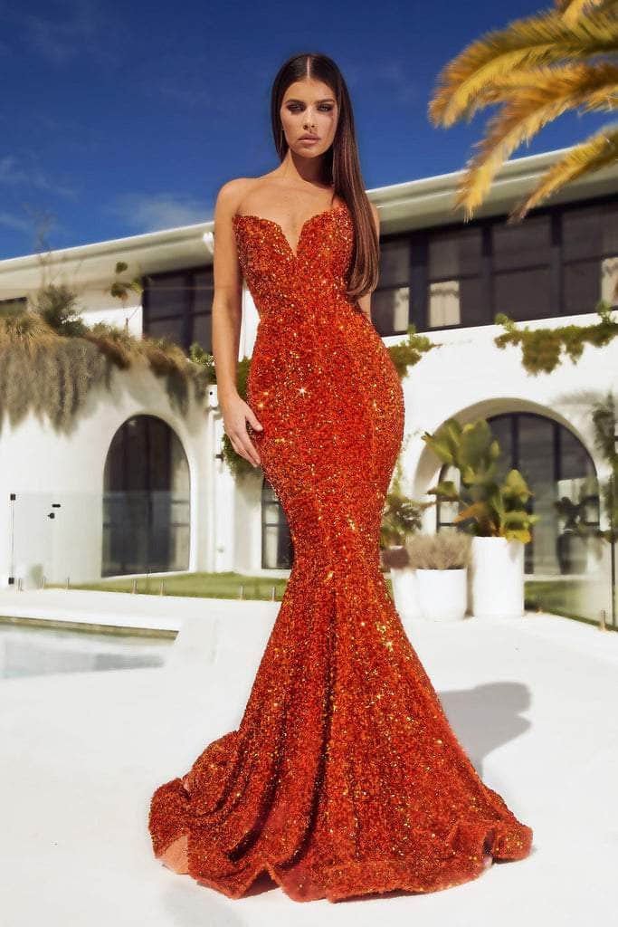Portia and Scarlett Ps21208 - Long Mermaid Dress - Strapless, 3D Sequin,  Velvet Base, Power Mesh, Mid-Open Back, Back Zipper Closure, Sweep Train   ADASA