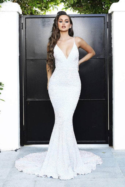 Portia and Scarlett - PS21235 V Neck Open Back Bedazzled Dress Evening Dresses