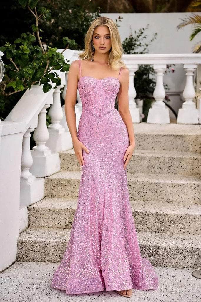 Portia and Scarlett - Ps22036 Corset Style Sequin Gown Prom Dresses 0 / Pink Multi