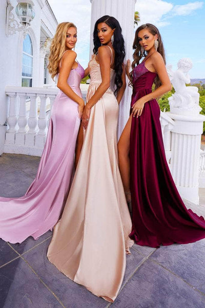 Portia and Scarlett - PS22158 Satin High-Slit Gown With Overlay Prom Dresses
