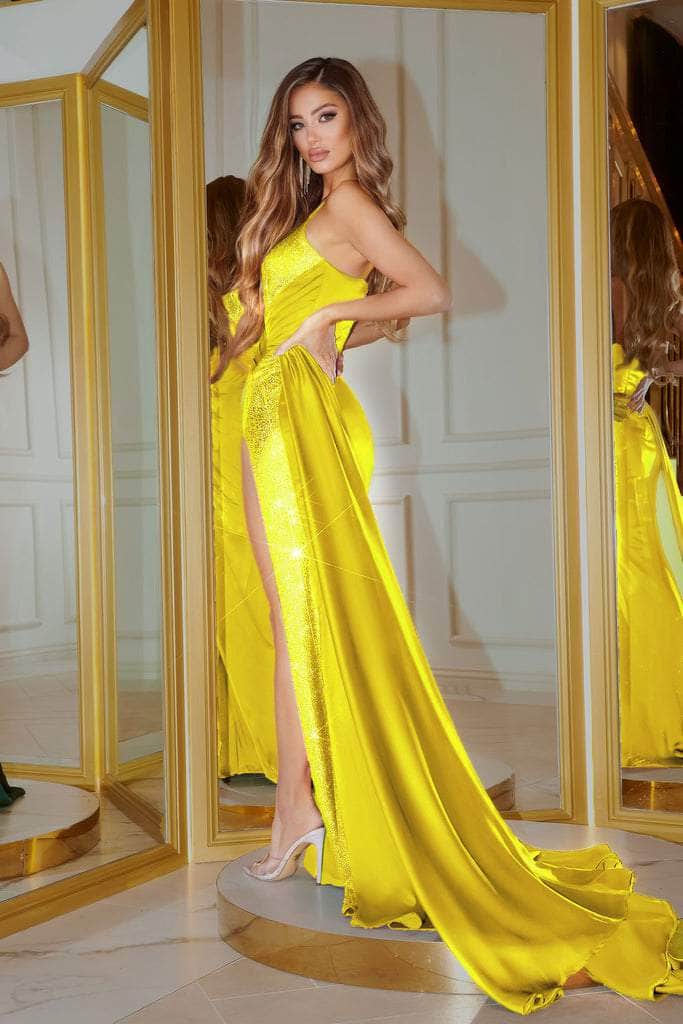 Portia and Scarlett - PS22158 Satin High-Slit Gown With Overlay Prom Dresses