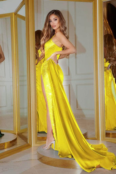 Portia and Scarlett - PS22158 Satin High-Slit Gown With Overlay Prom Dresses