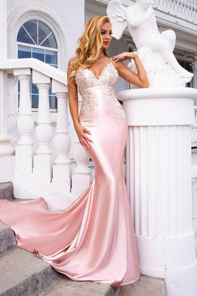 Portia and Scarlett - PS22185 Beaded Applique Open Back Satin Gown Prom Dresses