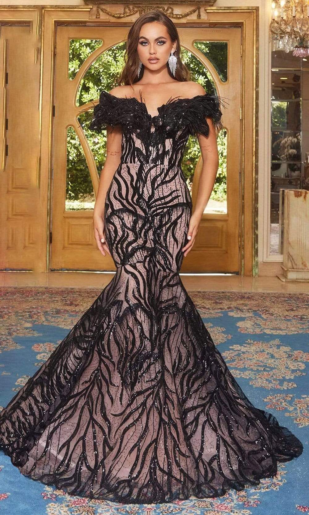 Portia and Scarlett - PS22227 Feather Fringe Embellished Mermaid Gown Prom Dresses 0 / Black Nude