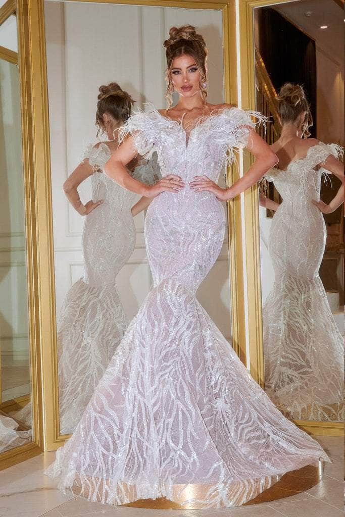 Portia and Scarlett - PS22227 Feather Fringe Embellished Mermaid Gown Prom Dresses 0 / Ivory