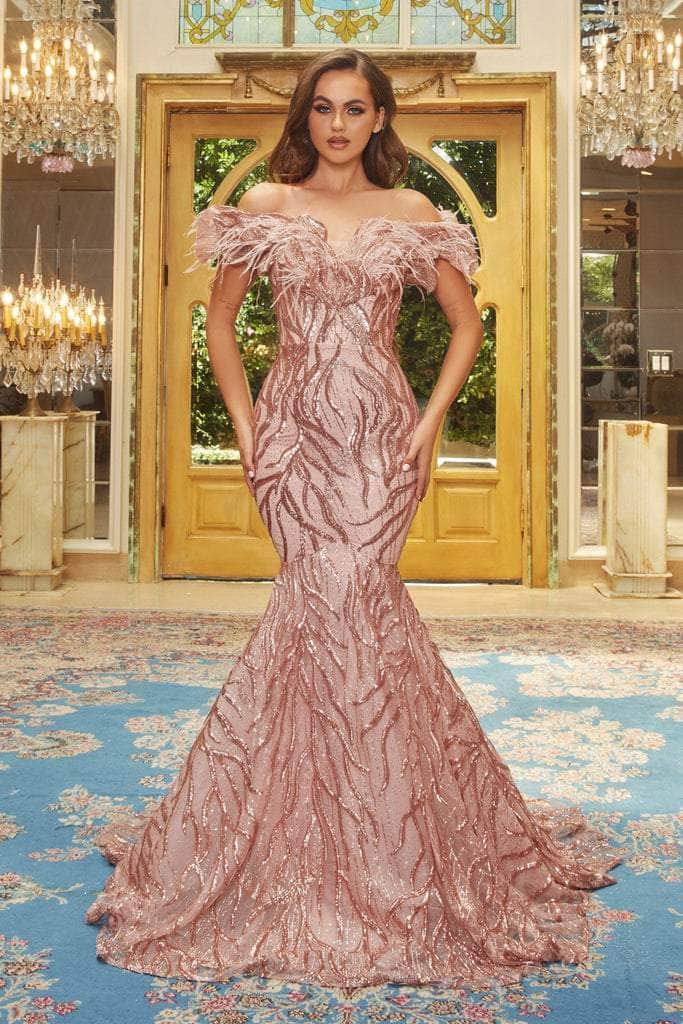 Portia and Scarlett - PS22227 Feather Fringe Embellished Mermaid Gown Prom Dresses 0 / Rose Gold