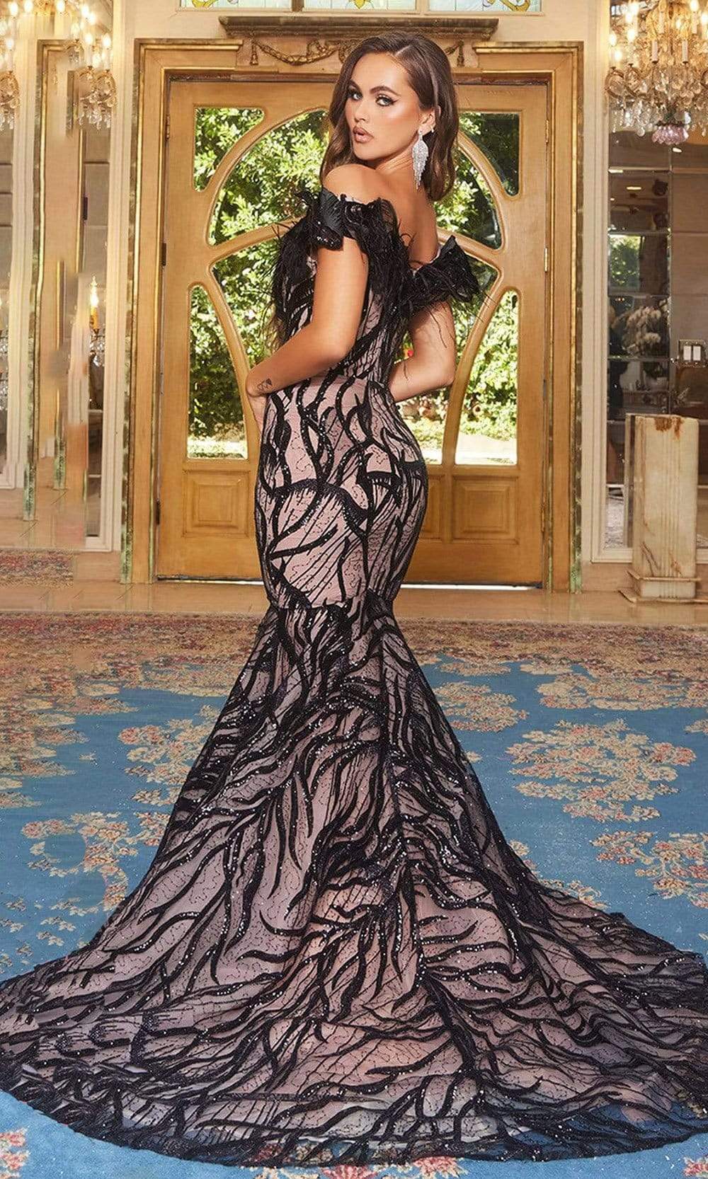 Portia and Scarlett - PS22227 Feather Fringe Embellished Mermaid Gown Prom Dresses