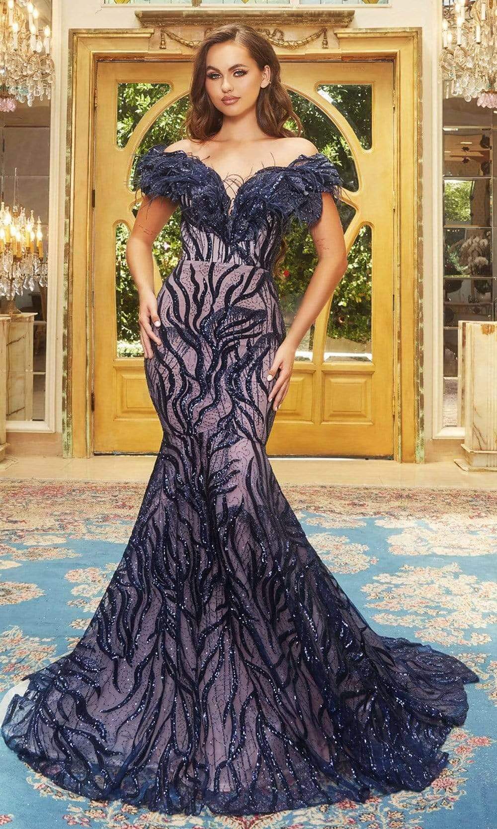 Portia and Scarlett - PS22227 Feather Fringe Embellished Mermaid Gown Prom Dresses