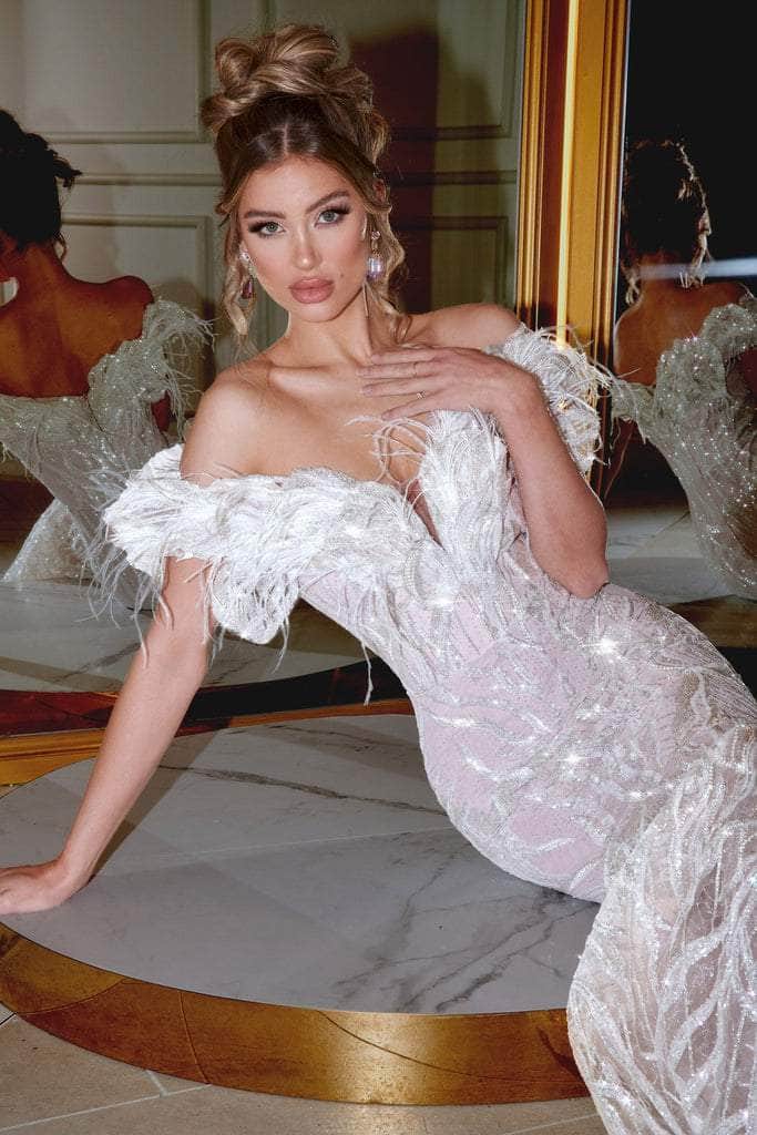 Portia and Scarlett - PS22227 Feather Fringe Embellished Mermaid Gown Prom Dresses