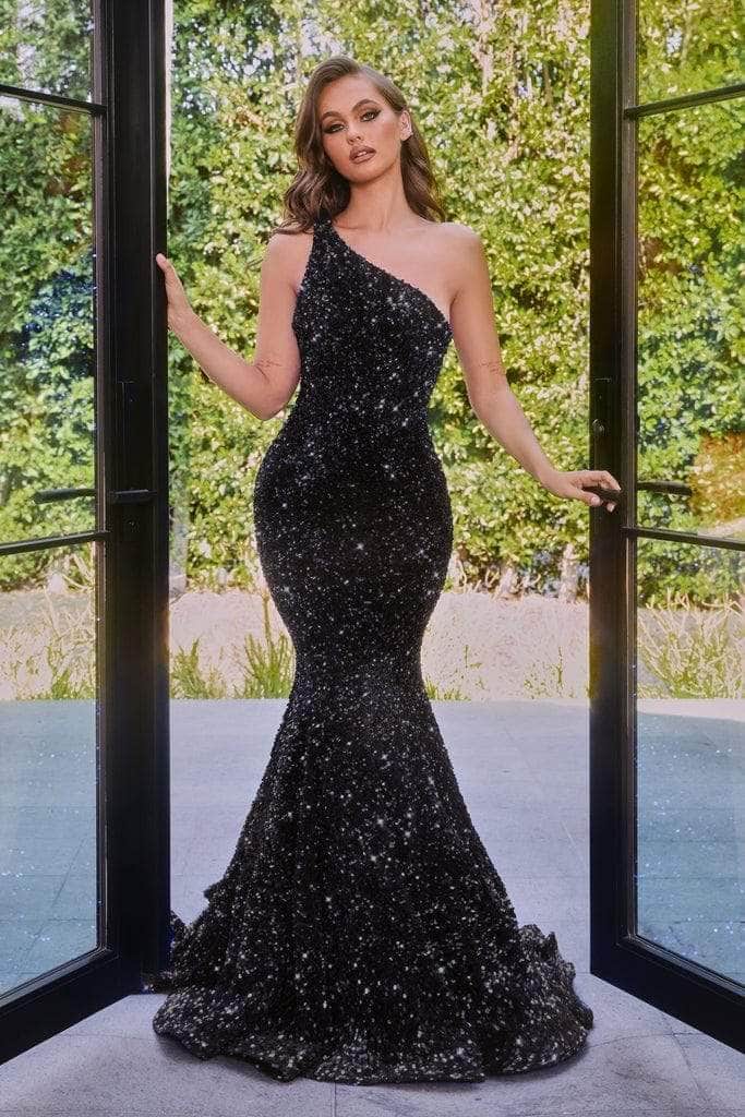 Portia and Scarlett - PS22350 One-Shoulder Sequin Mermaid Gown Prom Dresses 0 / Black
