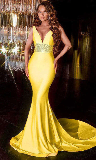 Portia and Scarlett ps22524 - V-Neck Beaded Waist Prom Gown Prom 0 / Yellow