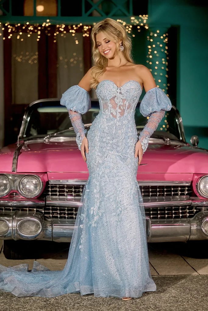 Portia and Scarlett PS24144 - Lace Appliqued Mermaid Prom Gown Prom Dresses 00 / Blue