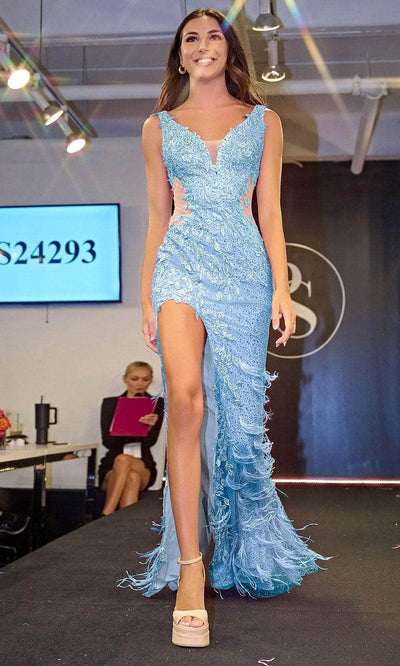 Portia and Scarlett PS24293 - Applique High Slit Prom Dress Special Occasion Dress 00 / Blue