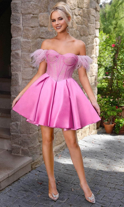 Portia and Scarlett PS24417 - Feathered Off Shoulder Dress Homecoming Dresses 00/  Pink