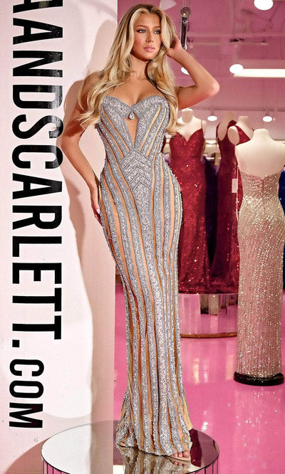 Portia and Scarlett PS24860C - Strapless Beaded Bodycon Prom Gown Special Occasion Dress 00 / Silver-Nude