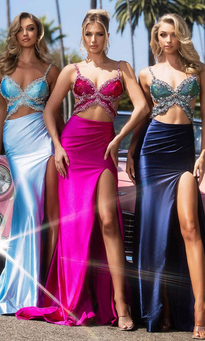 Portia and Scarlett PS25273 - Crystal Beads V-Neck Evening Dress Prom Dresses 00 / Light Blue