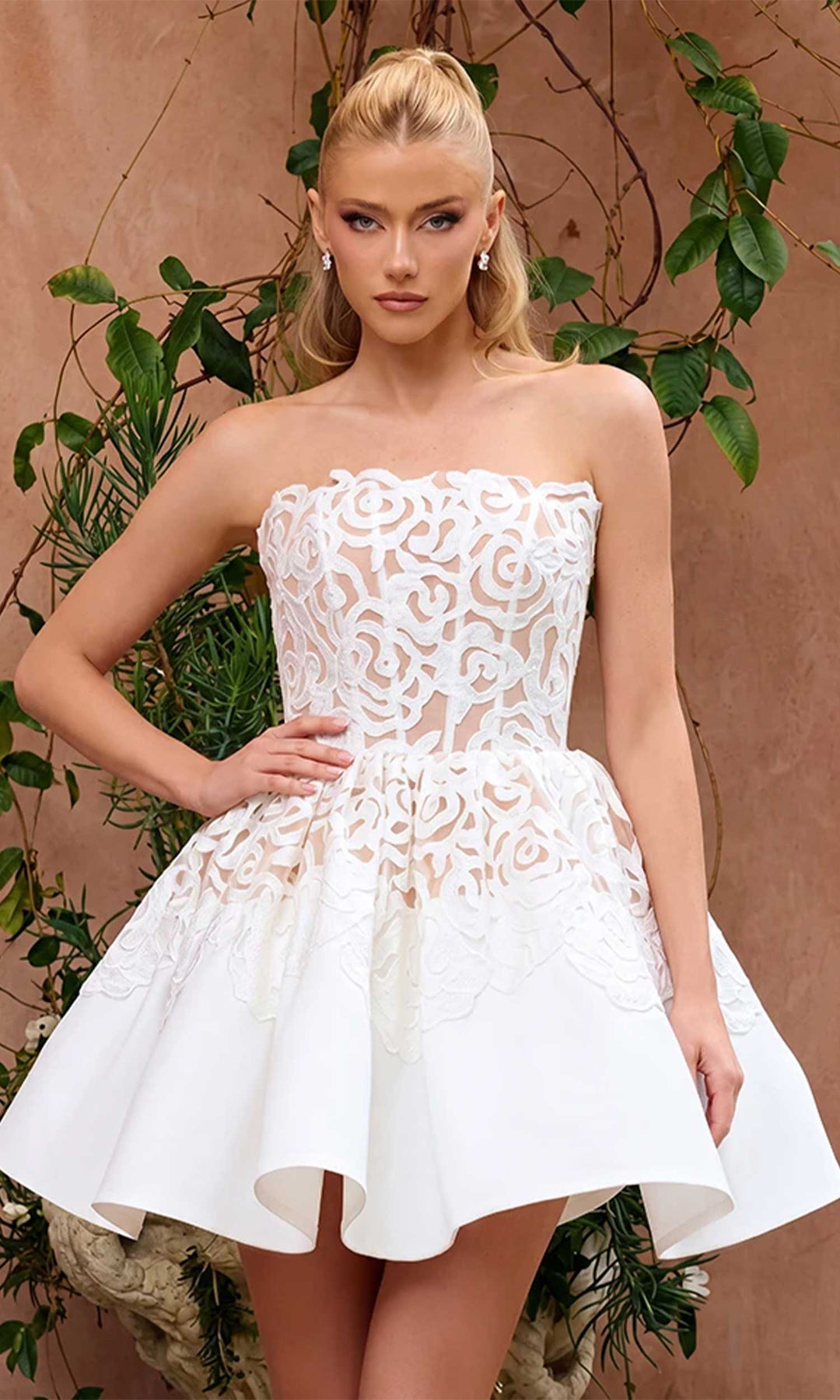 Portia and Scarlett PS26714 - Lace Applique Straight Neck Mini Dress