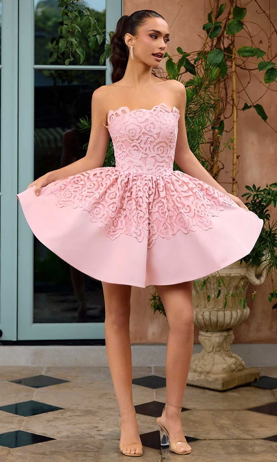 Portia and Scarlett PS26714 - Lace Applique Straight Neck Mini Dress
