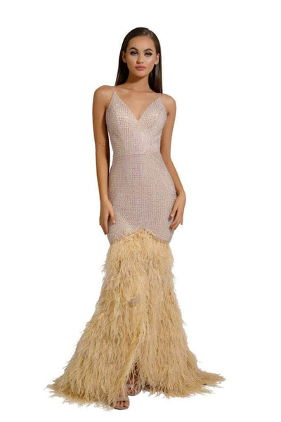 Portia and Scarlett - PS6826 V Neck Feathered Dress Prom Dresses