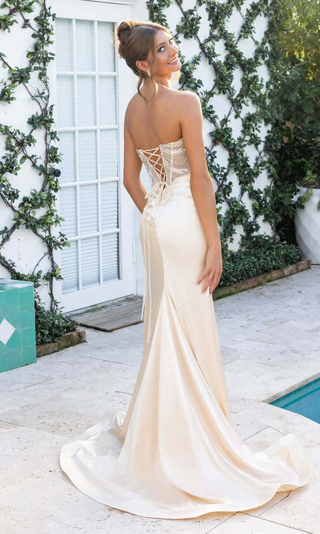Portia and Scarlett XO065 - High Slit Strapless Dress With Beaded Top