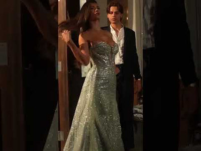 Ladivine CM384 - Plunging V-Neckline Rhinestone Prom Gown