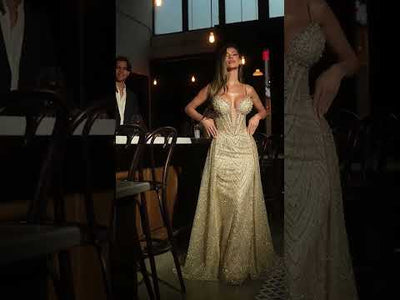 Ladivine C167 - Plunging V-Neck Overskirt Evening Dress