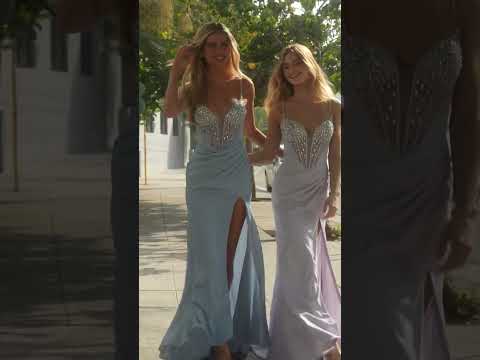 Ladivine J4304 - Plunging Neckline Satin Prom Gown