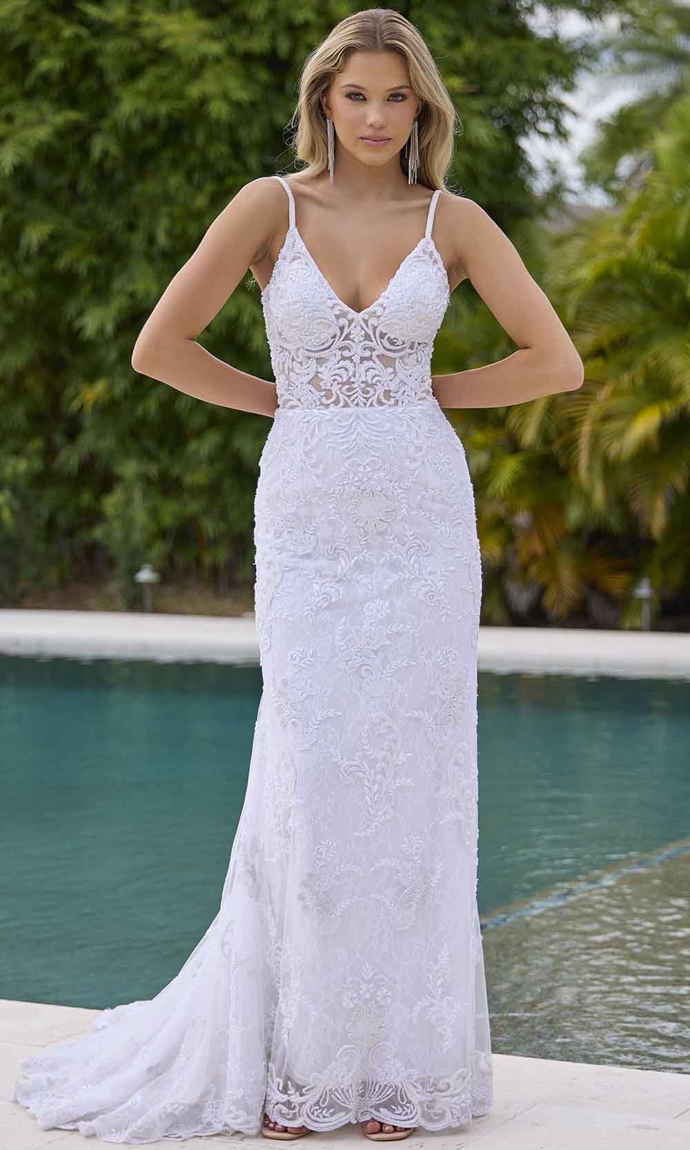Primavera Couture 11143 - Pearl-Embellished Plunging Evening Gown Wedding Dresses 0 / Ivory