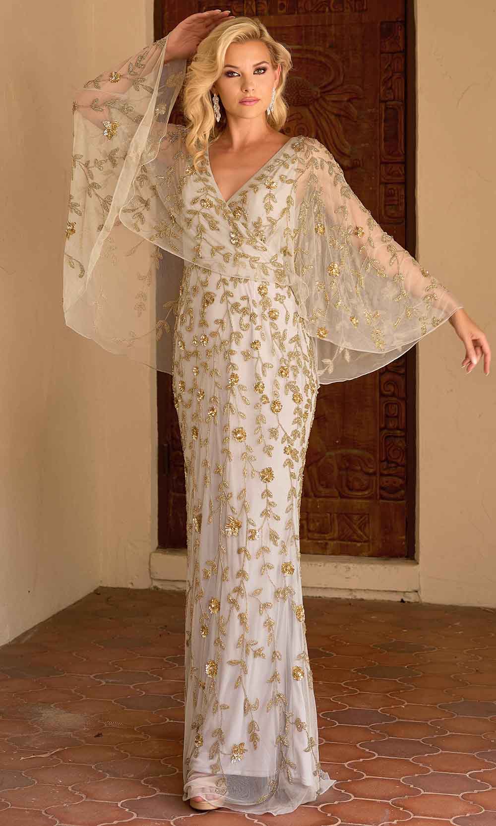 Primavera Couture 13149 - Long Sheath Dress - Sheer Capelet, Beaded, Floral Sequin, Full Back, Floor Length 18 / Antique Rose Primavera Couture 13149 - Long Sheath Dress - Sheer Capelet, Beaded, Floral Sequin, Full Back, Floor Length 18 / Antique Rose