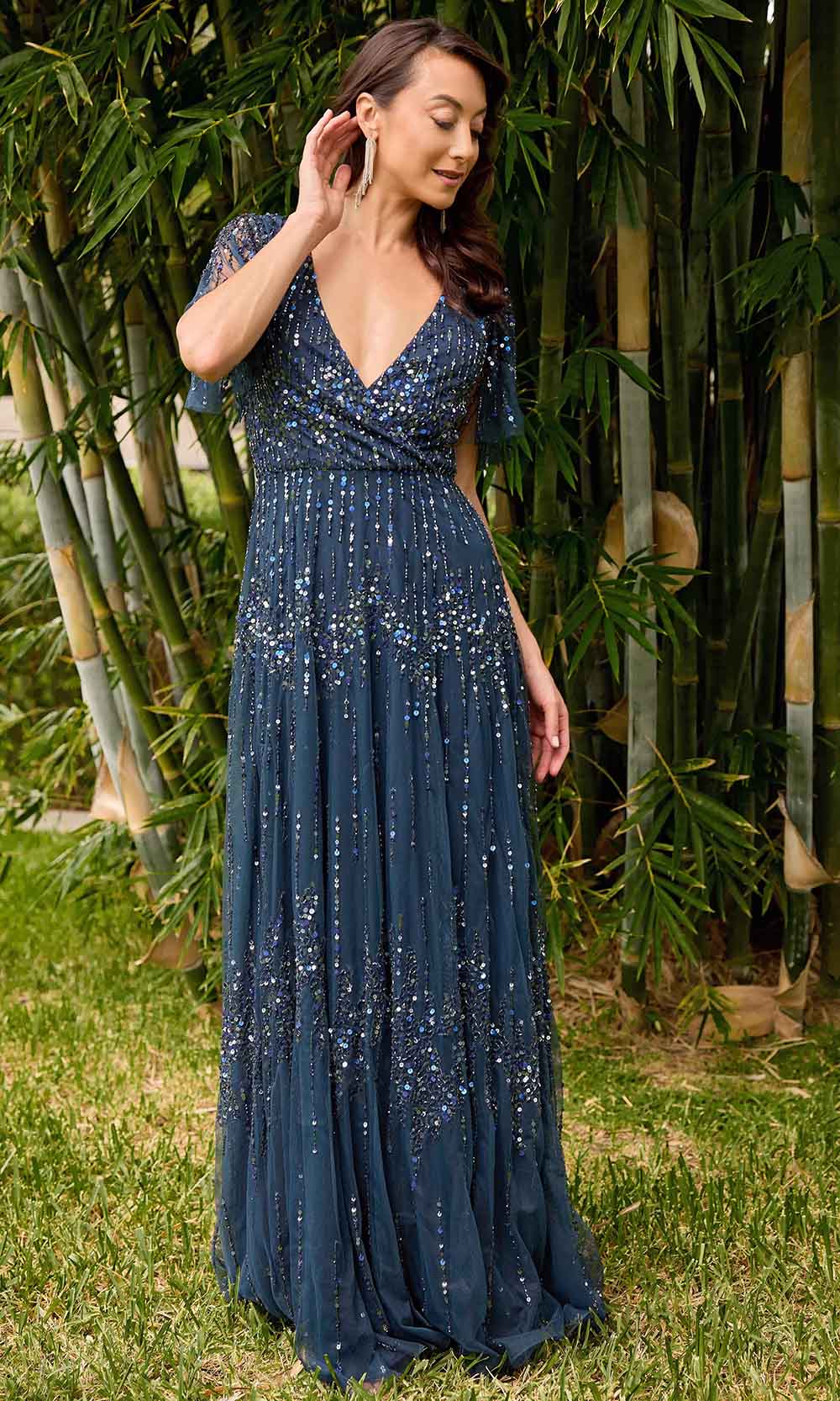 Primavera Couture 13153 - V-Neck Sequin Embellished Evening Gown Mother of the Bride Dresses 4 / Midnight