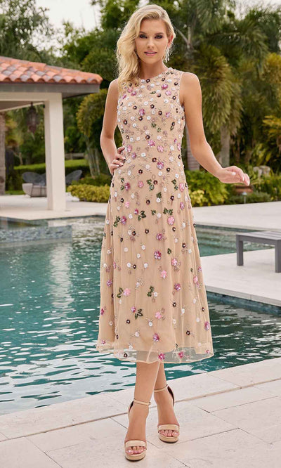 Primavera Couture 13159 - Floral Beaded A-Line Tea-Length Dress Semi Formal 4 / Rose