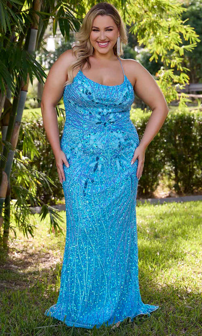 Primavera Couture 14072 - Sequined Sleeveless Prom Gown Prom Dresses 14W / Crystal Blue