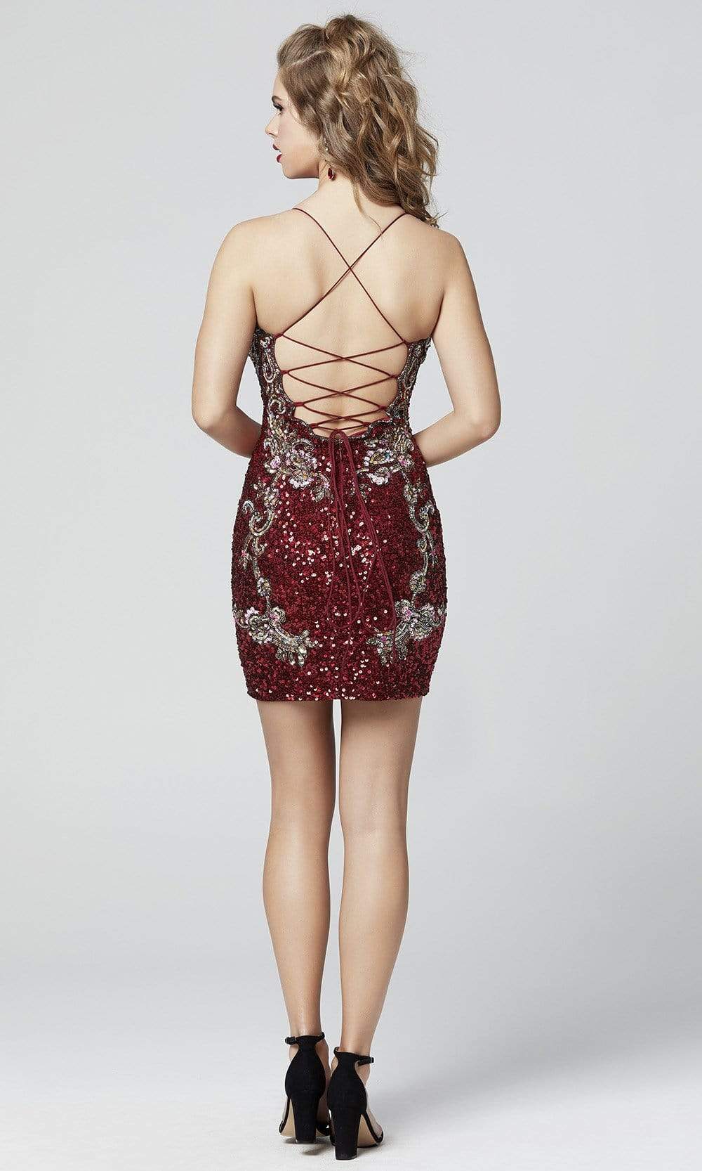 Primavera Couture - 3301 Plunging Lace Up Back Sequined Dress Special Occasion Dress