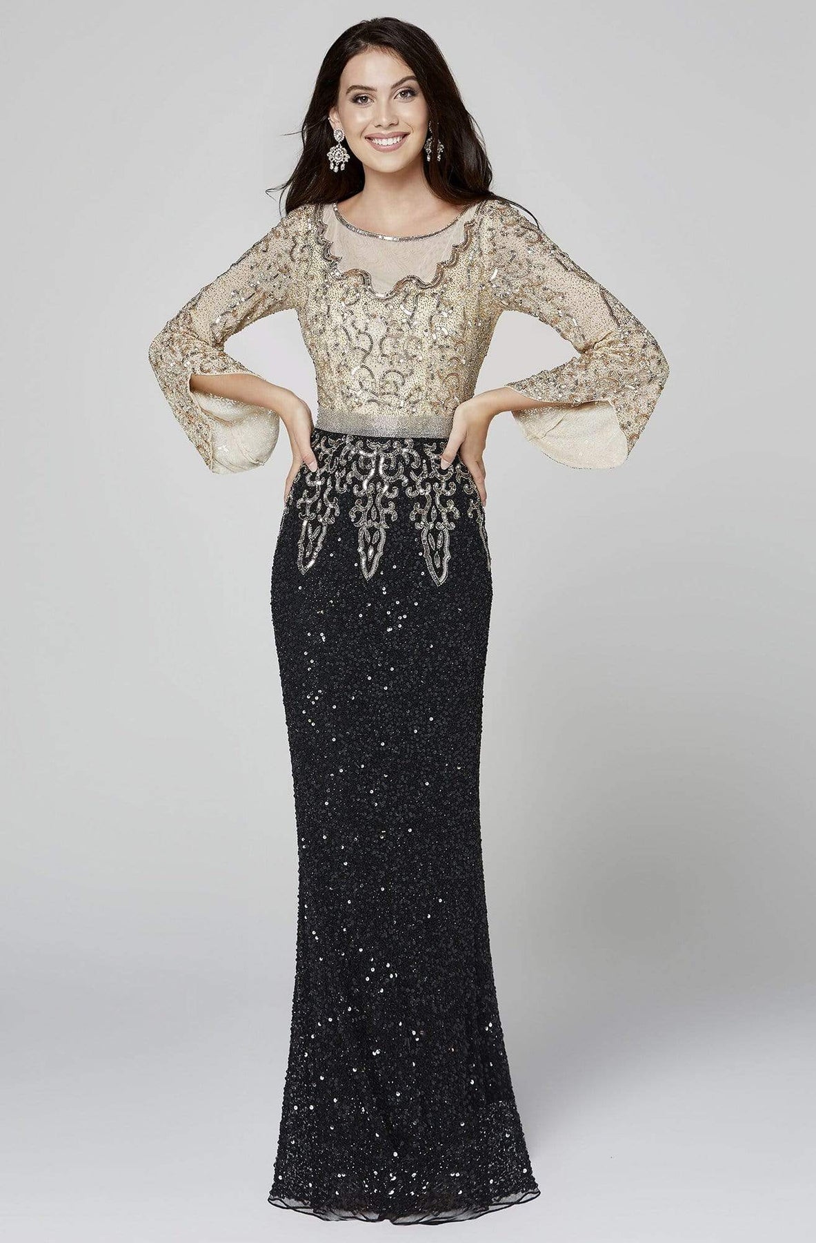 Primavera Couture - 3378 Embellished Bateau Sheath Dress Evening Dresses 2 / Black Nude