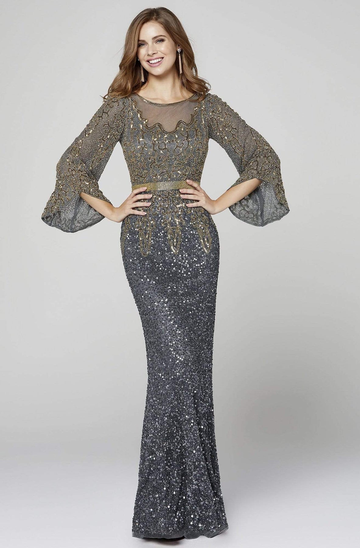 Primavera Couture - 3378 Embellished Bateau Sheath Dress Evening Dresses 2 / Charcoal